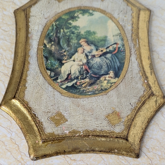 Vintage Italian Gold Gilt Pair Florentine Wooden Frames Garden Scene Wall Plaque - Picture 3 of 11